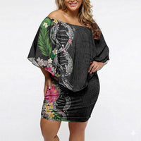 Hawaii DNA Kakau Tattoo Off Shoulder Short Dress with Plumeria and Hibiscus Tropical Plants Black Color LT03 Women Black - Polynesian Pride