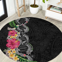 Hawaii DNA Kakau Tattoo Round Carpet with Plumeria and Hibiscus Tropical Plants Black Color