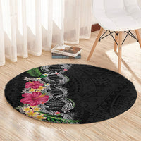 Hawaii DNA Kakau Tattoo Round Carpet with Plumeria and Hibiscus Tropical Plants Black Color