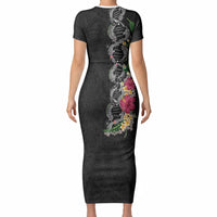 Hawaii DNA Kakau Tattoo Short Sleeve Bodycon Dress with Plumeria and Hibiscus Tropical Plants Black Color