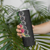 Hawaii DNA Kakau Tattoo Skinny Tumbler with Plumeria and Hibiscus Tropical Plants Black Color