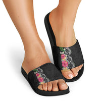 Hawaii DNA Kakau Tattoo Slide Sandals with Plumeria and Hibiscus Tropical Plants Black Color LT03 - Polynesian Pride
