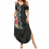 Hawaii DNA Kakau Tattoo Summer Maxi Dress with Plumeria and Hibiscus Tropical Plants Black Color