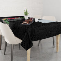 Hawaii DNA Kakau Tattoo Tablecloth with Plumeria and Hibiscus Tropical Plants Black Color