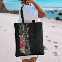 Hawaii DNA Kakau Tattoo Tote Bag with Plumeria and Hibiscus Tropical Plants Black Color