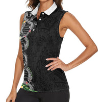Hawaii DNA Kakau Tattoo Women Sleeveless Polo Shirt with Plumeria and Hibiscus Tropical Plants Black Color
