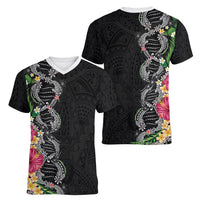 Hawaii DNA Kakau Tattoo Women V-Neck T-Shirt with Plumeria and Hibiscus Tropical Plants Black Color