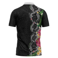 Hawaii DNA Kakau Tattoo Zipper Polo Shirt with Plumeria and Hibiscus Tropical Plants Black Color LT03 - Polynesian Pride