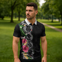 Hawaii DNA Kakau Tattoo Zipper Polo Shirt with Plumeria and Hibiscus Tropical Plants Black Color LT03 - Polynesian Pride