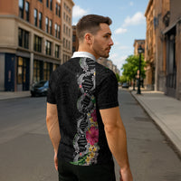 Hawaii DNA Kakau Tattoo Zipper Polo Shirt with Plumeria and Hibiscus Tropical Plants Black Color LT03 - Polynesian Pride