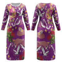 Hawaiian and Japanese Culture Together Couples Matching Long Sleeve Bodycon Dress and Long Sleeve Button Shirt Kakau Tribal Pattern and Irezumi Art Purple Color