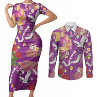 Hawaiian and Japanese Culture Together Couples Matching Short Sleeve Bodycon Dress and Long Sleeve Button Shirt Kakau Tribal Pattern and Irezumi Art Purple Color LT03 Purple - Polynesian Pride