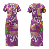 Hawaiian and Japanese Culture Together Couples Matching Short Sleeve Bodycon Dress and Long Sleeve Button Shirt Kakau Tribal Pattern and Irezumi Art Purple Color LT03 - Polynesian Pride