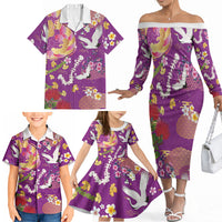 Hawaiian and Japanese Culture Together Family Matching Off The Shoulder Long Sleeve Dress and Hawaiian Shirt Kakau Tribal Pattern and Irezumi Art Purple Color LT03 - Polynesian Pride
