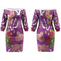 Hawaiian and Japanese Culture Together Family Matching Off The Shoulder Long Sleeve Dress and Hawaiian Shirt Kakau Tribal Pattern and Irezumi Art Purple Color LT03 Mom's Dress Purple - Polynesian Pride