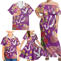 Hawaiian and Japanese Culture Together Family Matching Off Shoulder Maxi Dress and Hawaiian Shirt Kakau Tribal Pattern and Irezumi Art Purple Color LT03 - Polynesian Pride