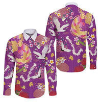 Hawaiian and Japanese Culture Together Family Matching Off Shoulder Maxi Dress and Hawaiian Shirt Kakau Tribal Pattern and Irezumi Art Purple Color LT03 Dad's Shirt - Long Sleeve Purple - Polynesian Pride