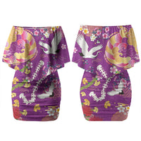 Hawaiian and Japanese Culture Together Family Matching Off Shoulder Short Dress and Hawaiian Shirt Kakau Tribal Pattern and Irezumi Art Purple Color LT03 Mom's Dress Purple - Polynesian Pride