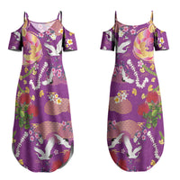 Hawaiian and Japanese Culture Together Family Matching Summer Maxi Dress and Hawaiian Shirt Kakau Tribal Pattern and Irezumi Art Purple Color LT03 Mom's Dress Purple - Polynesian Pride