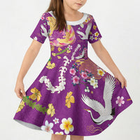 Hawaiian and Japanese Culture Together Kid Short Sleeve Dress Kakau Tribal Pattern and Irezumi Art Purple Color LT03 KID Purple - Polynesian Pride