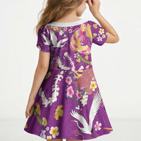 Hawaiian and Japanese Culture Together Kid Short Sleeve Dress Kakau Tribal Pattern and Irezumi Art Purple Color LT03 - Polynesian Pride