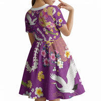 Hawaiian and Japanese Culture Together Kid Short Sleeve Dress Kakau Tribal Pattern and Irezumi Art Purple Color LT03 - Polynesian Pride