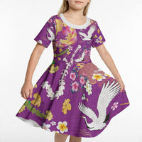 Hawaiian and Japanese Culture Together Kid Short Sleeve Dress Kakau Tribal Pattern and Irezumi Art Purple Color LT03 - Polynesian Pride