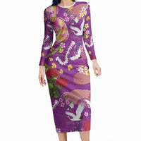 Hawaiian and Japanese Culture Together Long Sleeve Bodycon Dress Kakau Tribal Pattern and Irezumi Art Purple Color