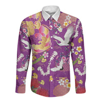 Hawaiian and Japanese Culture Together Long Sleeve Button Shirt Kakau Tribal Pattern and Irezumi Art Purple Color LT03 Unisex Purple - Polynesian Pride