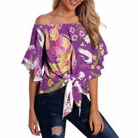 Hawaiian and Japanese Culture Together Off Shoulder Wrap Waist Top Kakau Tribal Pattern and Irezumi Art Purple Color LT03 - Polynesian Pride
