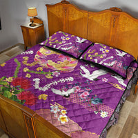 Hawaiian and Japanese Culture Together Quilt Bed Set Kakau Tribal Pattern and Irezumi Art Purple Color