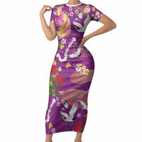 Hawaiian and Japanese Culture Together Short Sleeve Bodycon Dress Kakau Tribal Pattern and Irezumi Art Purple Color LT03 Long Dress Purple - Polynesian Pride