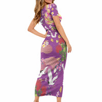 Hawaiian and Japanese Culture Together Short Sleeve Bodycon Dress Kakau Tribal Pattern and Irezumi Art Purple Color LT03 - Polynesian Pride