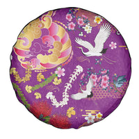 Hawaiian and Japanese Culture Together Spare Tire Cover Kakau Tribal Pattern and Irezumi Art Purple Color