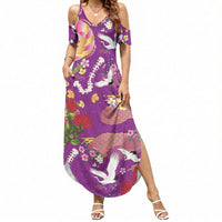 Hawaiian and Japanese Culture Together Summer Maxi Dress Kakau Tribal Pattern and Irezumi Art Purple Color LT03 Women Purple - Polynesian Pride
