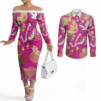 Hawaiian and Japanese Culture Together Couples Matching Off The Shoulder Long Sleeve Dress and Long Sleeve Button Shirt Kakau Tribal Pattern and Irezumi Art Pink Color