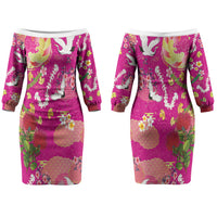 Hawaiian and Japanese Culture Together Couples Matching Off The Shoulder Long Sleeve Dress and Long Sleeve Button Shirt Kakau Tribal Pattern and Irezumi Art Pink Color