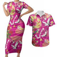 Hawaiian and Japanese Culture Together Couples Matching Short Sleeve Bodycon Dress and Hawaiian Shirt Kakau Tribal Pattern and Irezumi Art Pink Color LT03 Pink - Polynesian Pride