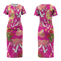 Hawaiian and Japanese Culture Together Couples Matching Short Sleeve Bodycon Dress and Hawaiian Shirt Kakau Tribal Pattern and Irezumi Art Pink Color LT03 - Polynesian Pride