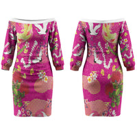 Hawaiian and Japanese Culture Together Family Matching Off The Shoulder Long Sleeve Dress and Hawaiian Shirt Kakau Tribal Pattern and Irezumi Art Pink Color LT03 Mom's Dress Pink - Polynesian Pride