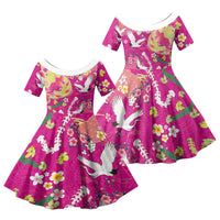 Hawaiian and Japanese Culture Together Family Matching Off The Shoulder Long Sleeve Dress and Hawaiian Shirt Kakau Tribal Pattern and Irezumi Art Pink Color LT03 Daughter's Dress Pink - Polynesian Pride