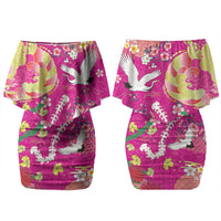 Hawaiian and Japanese Culture Together Family Matching Off Shoulder Short Dress and Hawaiian Shirt Kakau Tribal Pattern and Irezumi Art Pink Color LT03 Mom's Dress Pink - Polynesian Pride