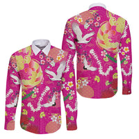 Hawaiian and Japanese Culture Together Family Matching Off Shoulder Short Dress and Hawaiian Shirt Kakau Tribal Pattern and Irezumi Art Pink Color LT03 Dad's Shirt - Long Sleeve Pink - Polynesian Pride