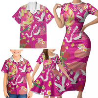 Hawaiian and Japanese Culture Together Family Matching Short Sleeve Bodycon Dress and Hawaiian Shirt Kakau Tribal Pattern and Irezumi Art Pink Color LT03 - Polynesian Pride