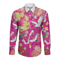 Hawaiian and Japanese Culture Together Long Sleeve Button Shirt Kakau Tribal Pattern and Irezumi Art Pink Color LT03 Unisex Pink - Polynesian Pride