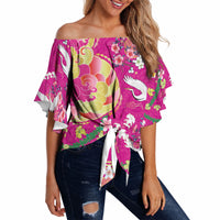 Hawaiian and Japanese Culture Together Off Shoulder Wrap Waist Top Kakau Tribal Pattern and Irezumi Art Pink Color LT03 - Polynesian Pride