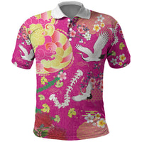 Hawaiian and Japanese Culture Together Polo Shirt Kakau Tribal Pattern and Irezumi Art Pink Color