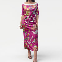 Hawaiian and Japanese Culture Together Puletasi Kakau Tribal Pattern and Irezumi Art Pink Color