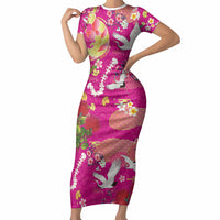 Hawaiian and Japanese Culture Together Short Sleeve Bodycon Dress Kakau Tribal Pattern and Irezumi Art Pink Color LT03 Long Dress Pink - Polynesian Pride