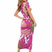 Hawaiian and Japanese Culture Together Short Sleeve Bodycon Dress Kakau Tribal Pattern and Irezumi Art Pink Color LT03 - Polynesian Pride